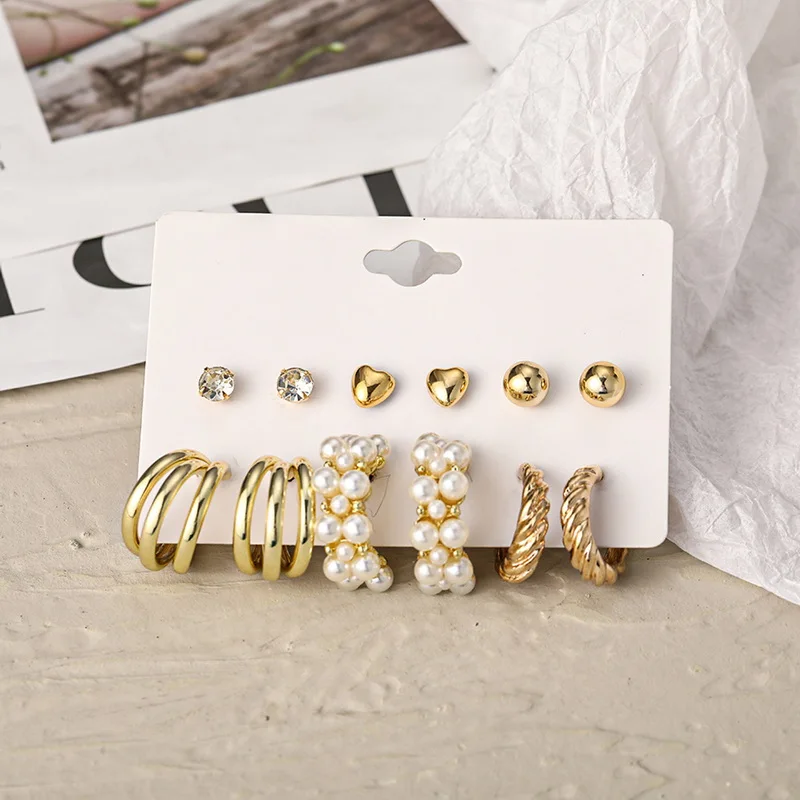9 pairs Gold Color Pearl Earring Sets Hoop Earrings Creative Simple Party Earrings Vintage Circle Hoop Earring Party Jewelry New