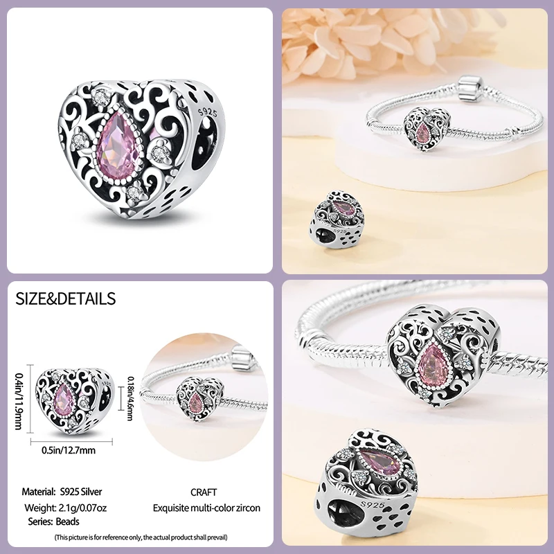 925 Sterling Silver Classic Purple Retro Heart Shape Lotus Angel Pattern Charms Beads Fit Pandora Original Bracelets DIY Jewelry