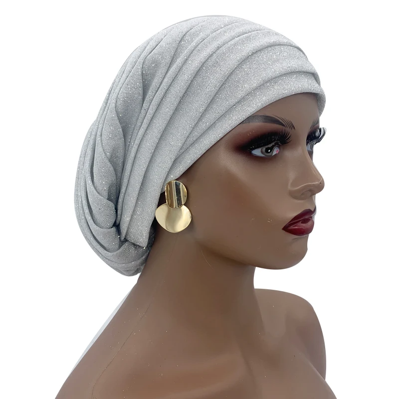 Muslim Headscarf Hat Turbante Mujer African Headpiece Glitter Full Body Pleated Turban Cap for Women 2023 Lady Head Wraps