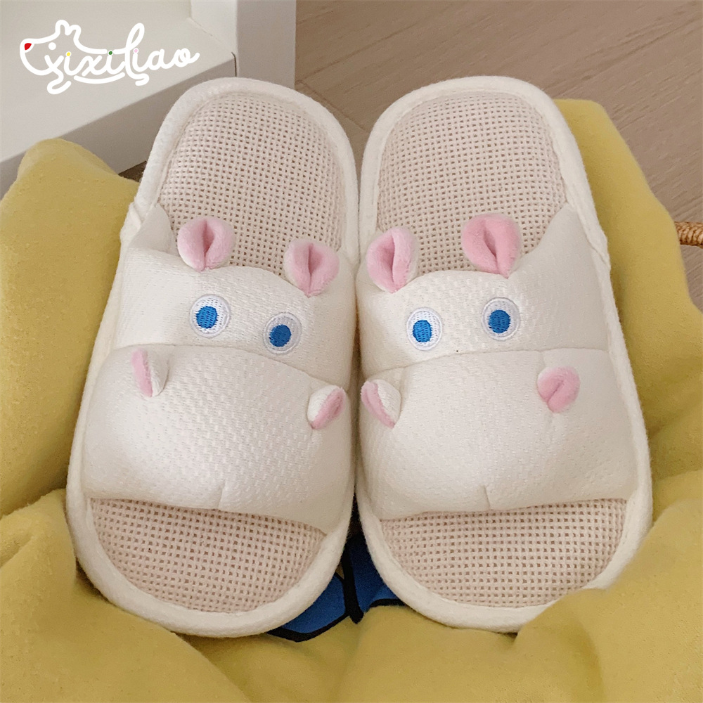 Casual fluffy slippers Ladies home flats Creative Cute Hippo linen girls Fashion Winter slippers House warm shoes
