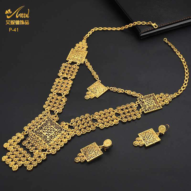 ANIID African 24K Gold Color Jewelry Sets Wedding Dubai Necklace Earrings For Women Nigerian Indian Bridal 2PCS Set Party Gifts