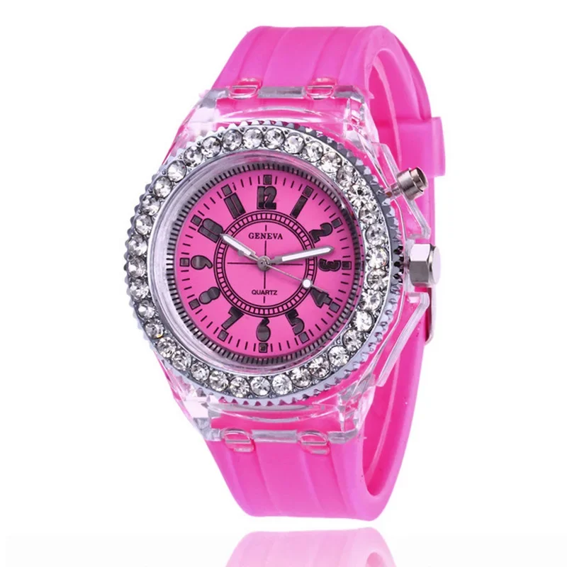 Creative LED Luminous Watches Geneva Women Quartz Watch Women Ladies Silicone Bracelet Watches Woman 12 Bright Colors Kids Gift