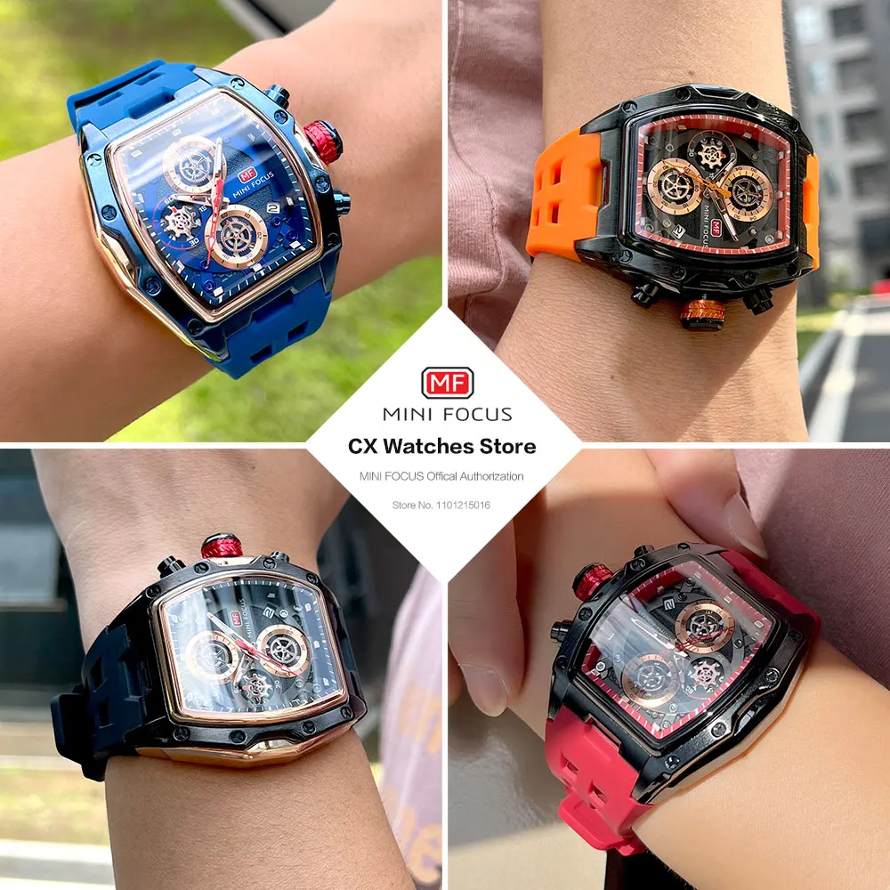 MINI FOCUS Military Sport Quartz Watch Men Orange Silicone Strap Waterproof Chronograph Wristwatch with Date Luminous Hands 0473