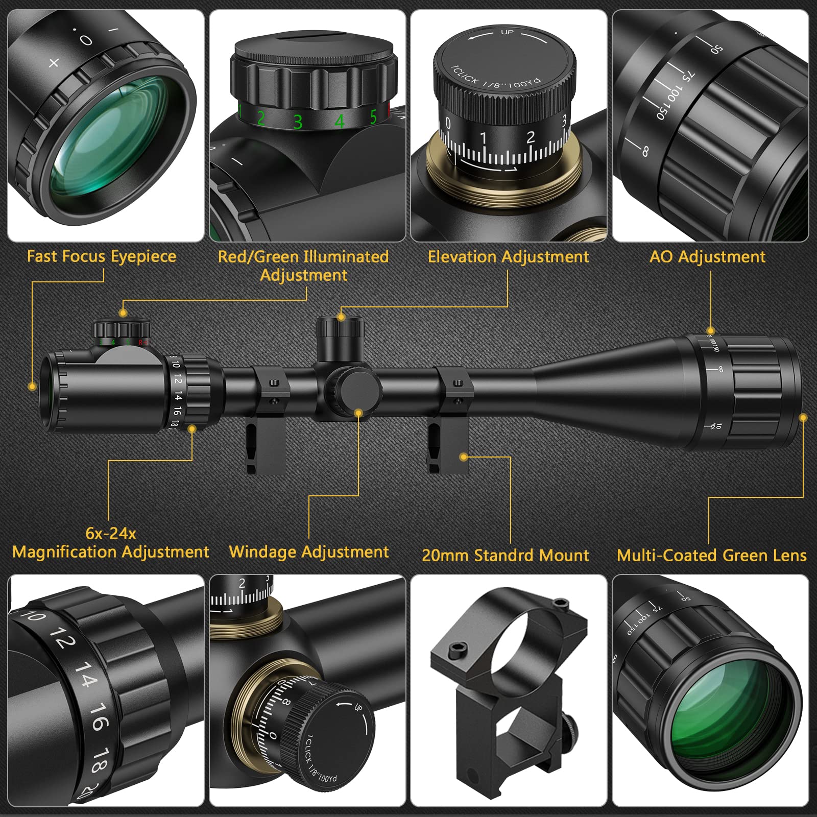 Rifle Scope 6-24x50 AOE Green Film Multi-coated Lens Red and Green Illuminated with Free 20MM Mount Hunting AO adjustmen