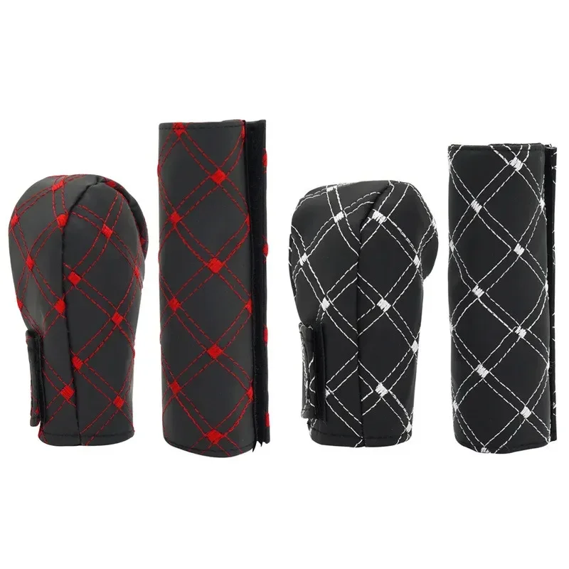 2 in 1 Set Faux Leather Gear Shift Knob Hand Brake Sleeve Car Interior Protect Cover Accessories New