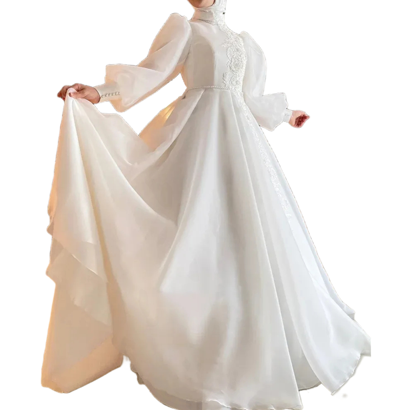 Modest Muslim Wedding Dresses Long Sleeves High Neck Lace Appliques Ivory Organza Bridal Gown Arabic Islamic A Line Court Trian Vestido De Novia Custo