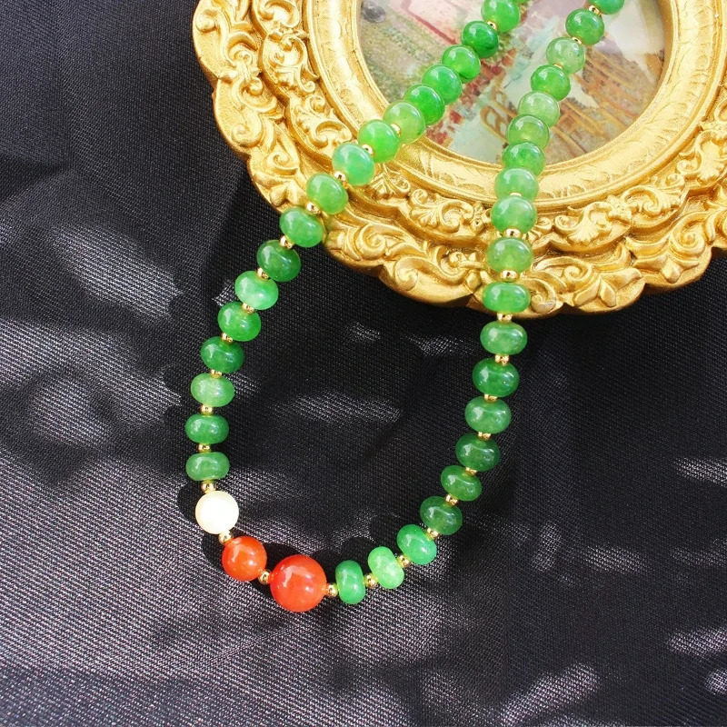 Classic Green Natural Stone Beads Chinese Style Necklace Vintage Red Agate Pearl Bracelet Earrings Jewelry Set Bead Chain 241031