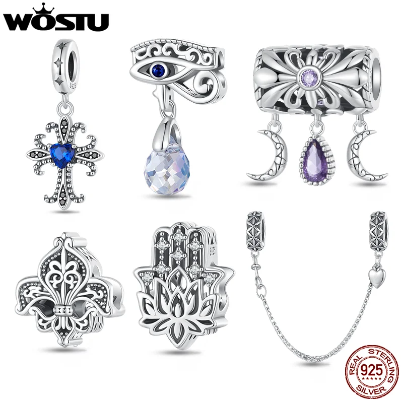WOSTU 925 Sterling Silver Vintage Lucky Hand of Fatima Charms Blue CZ Cross Pendnat Evil Eye Bead Fit DIY Bracelet Necklace Gift
