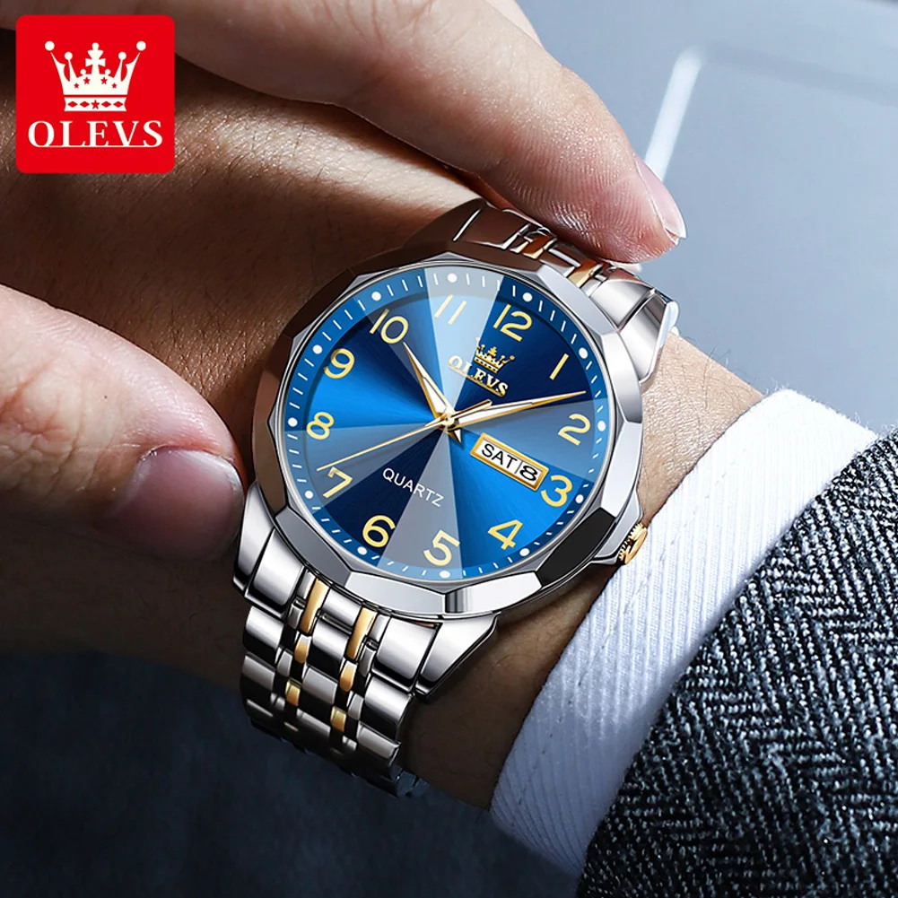 OLEVS Classic Quartz Watch for Men Luxury Diamond Cut Mirror Numeral Dial Simplicity Quartz Analog Man Waterproof Wristwatches