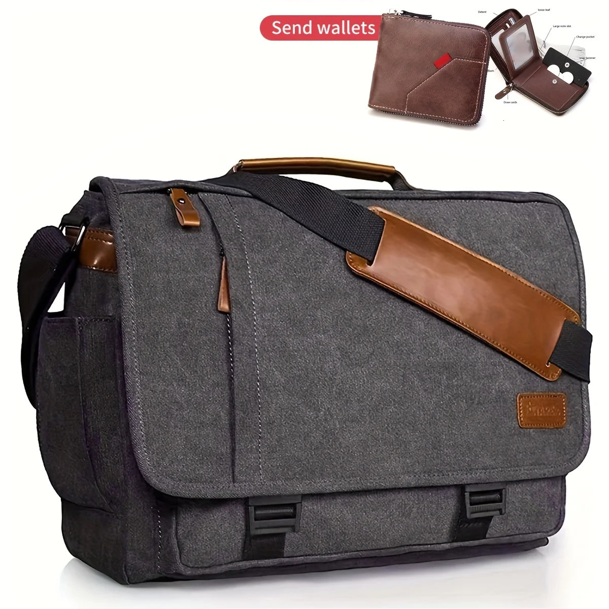 Crazy Horse Leather Mens Crossbody Briefcase Canvas Splashproof Workwear Messenger Bag Computer Tote 241029