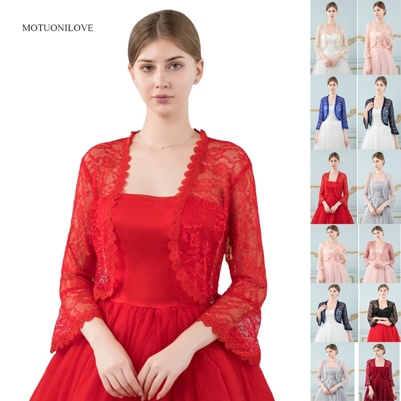 Red Women Floral new Lace Wraps 3/4 Long Sleeve White Lace Bolero Female Shrug Shawl Pink Wedding Bridal Capes 2025 Evening Party Jackets