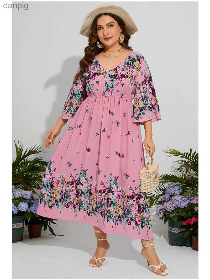 Urban Sexy Dresses Xxxl 4xl Plus Size Dress Womens 2023 Summer V-neck Flower Print High Waist Casual Dress Long Bohemian Beach Dress Y240402