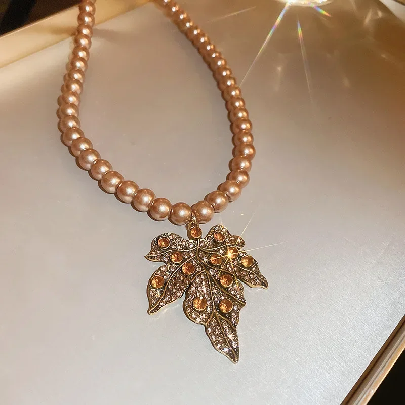 Vintage Champagne Pearl Necklace Maple Leaf Crystal Earrings For Women Party Banquet Jewelry Sets
