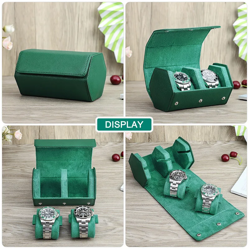 TOP 2/3/4Slots Watch Roll Box Saffiano Genuine Leather Watch Travel Roll Box Jewelry Storage Organizer Green Portable Watch Case