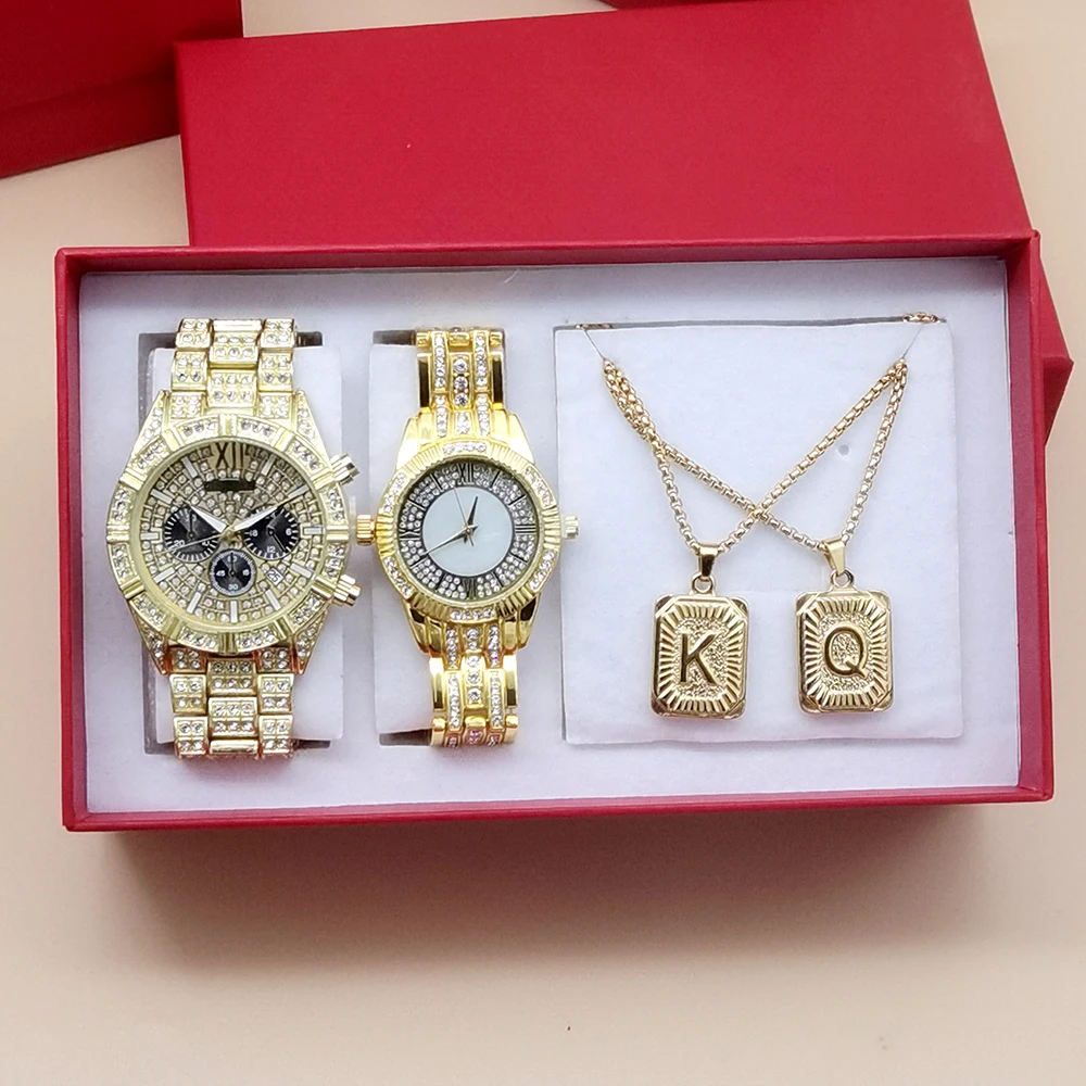 4Pcs Hip Hop Couple Watch Set For Luxury Men Women Stylsih Ice Out Diamond Watches With Necklaces For Lover's Valentine's Day
