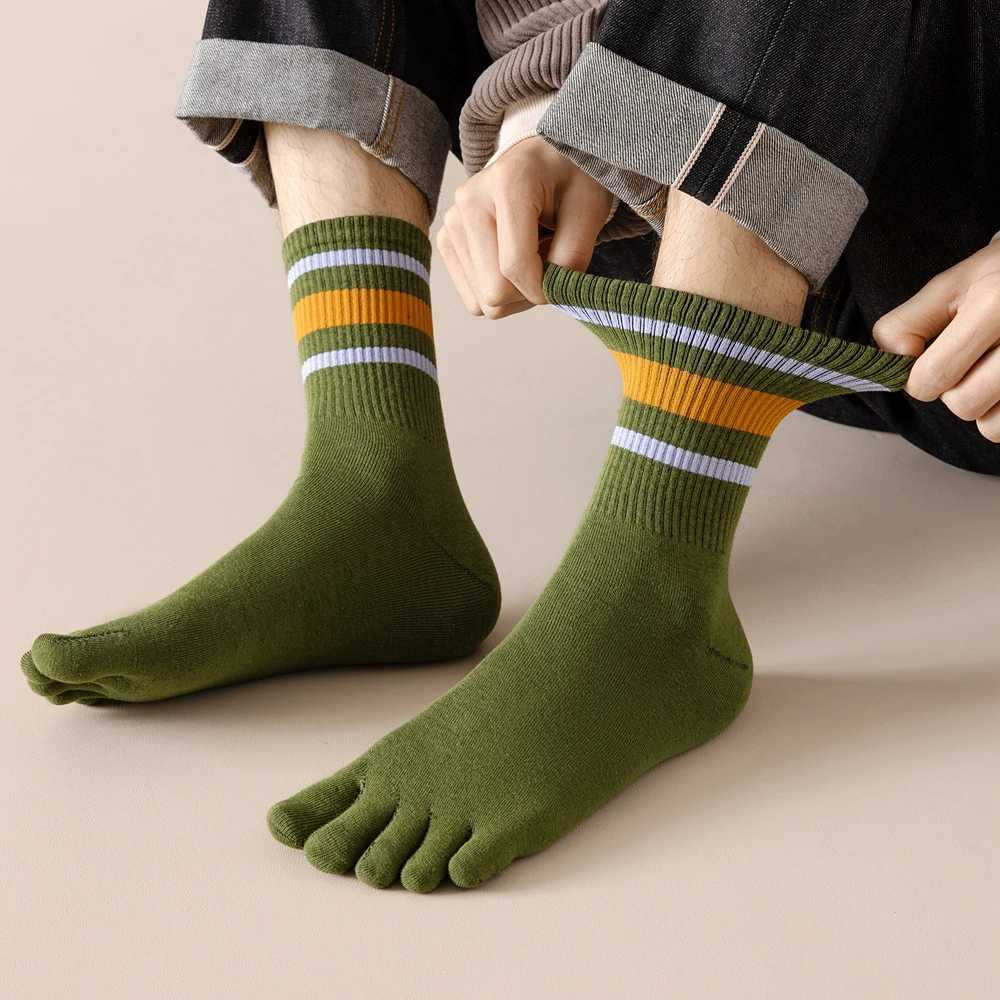 5 Pairs Men Five Toe with Separate Fingers Mid Tube Five Finger Striped Cotton Sports Summer High Quality LX241102