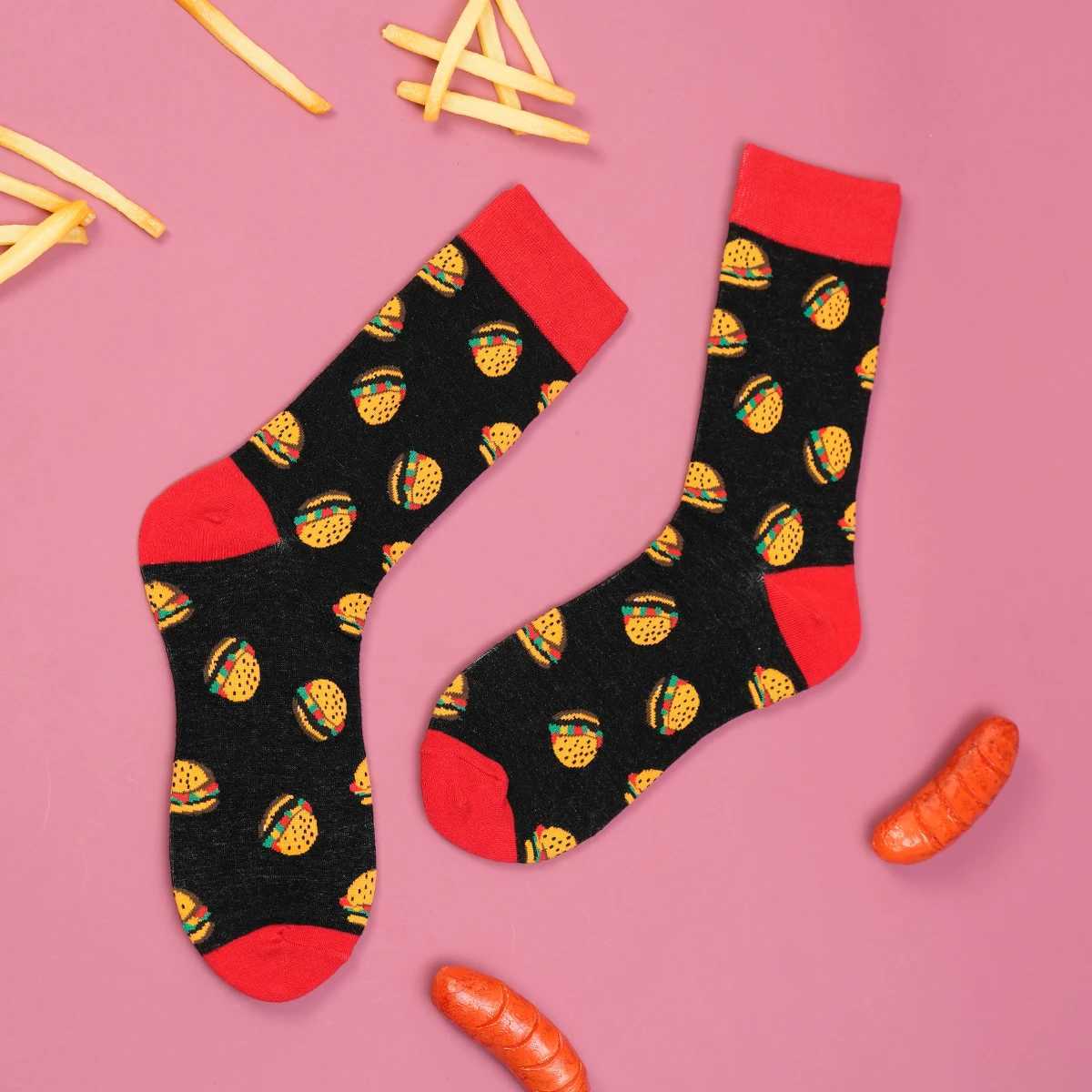 1 Pair Hamburger Printed Novelty Breathable Mid Tube Mens and Womens Suit In All Seasons For Daily LX241102