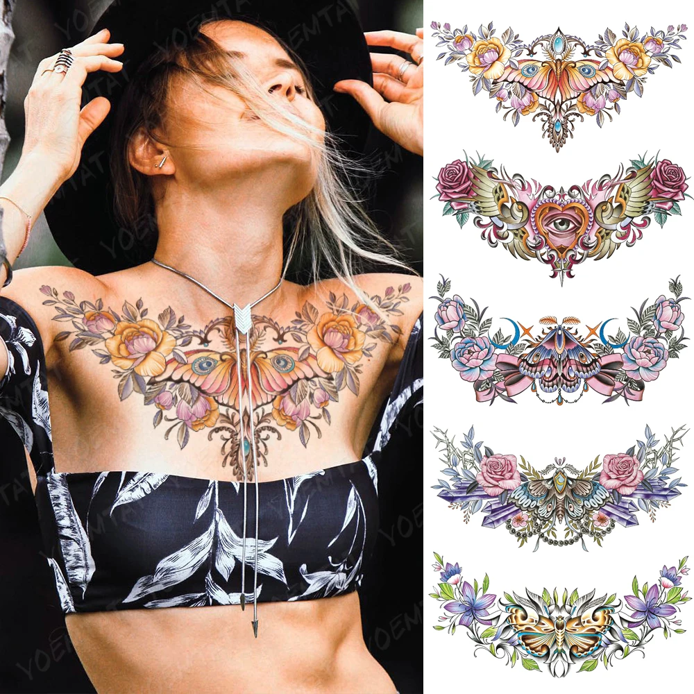 Chest Tattoo Stickers Mandala Color Gemstone Flower Waterproof Temporary Fake Tato Large Waist Shoulder Sexy Body Art Men Women