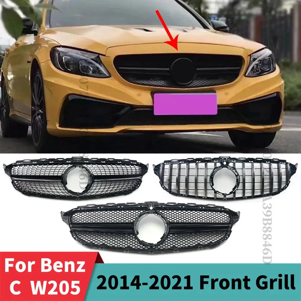 GT GTR Diamond Inlet Mesh Front Grille Grill Tuning Accessories For Mercedes Benz C W205 C205 S205 2014-2021 AMG Style Refit