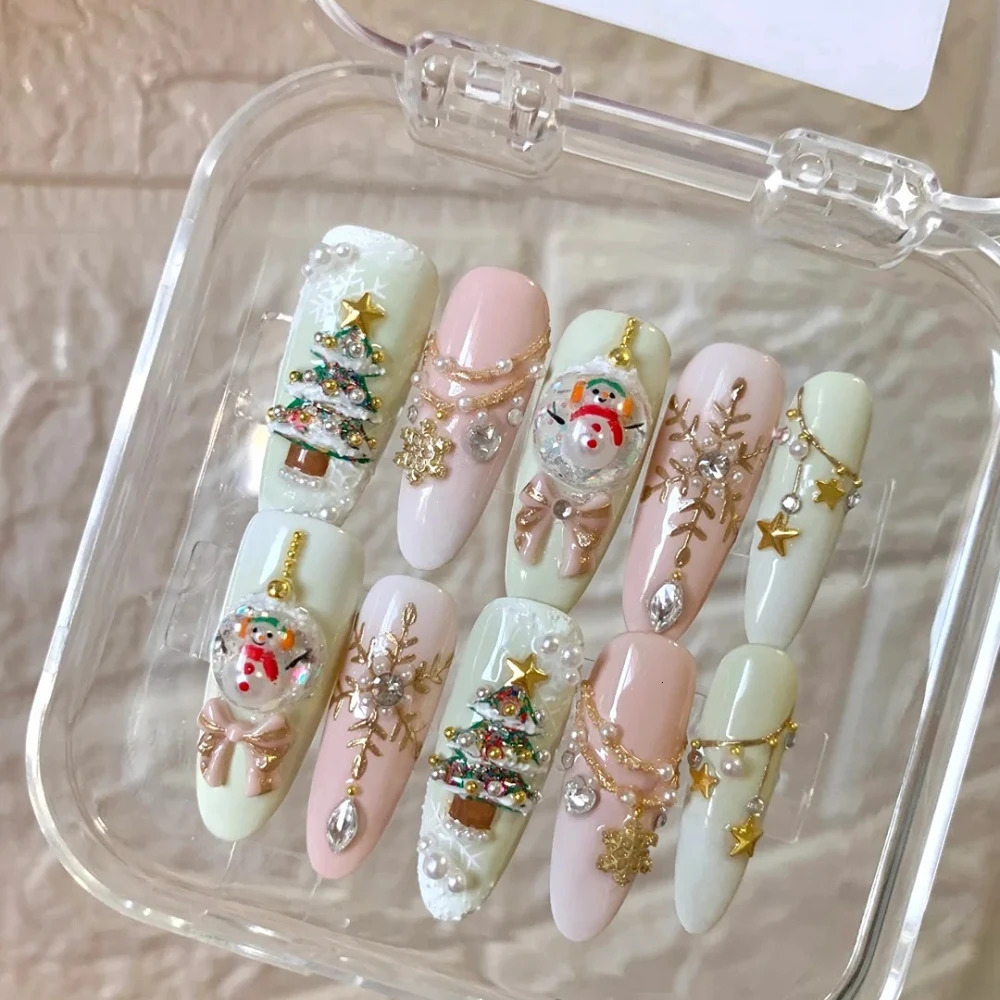 10 pieces of Christmas nail ballet style handmade cute snowman 3D long oval fake nail n art DIY nails pressed on nails 241031