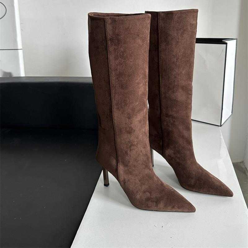 CMM Sharp Pointed and Trendy Suede High Heeled Long Tube Boots for Women Autumn and Winter New Straight Tube Large Tube Circumference Slim Boots and S