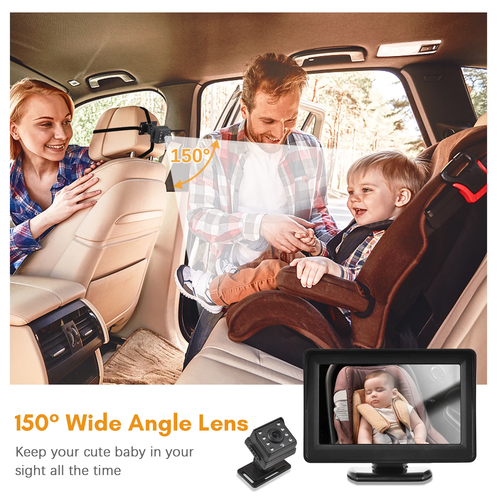 Baby Car Monitor 720P Monitor Camera for Baby Rear Facing Seat 4.3 Inch Car Seat Mirror Display 150° Wide View Night Vision