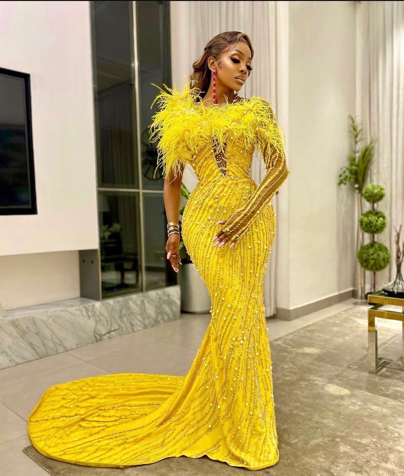 Stunning Arabic Yellow Mermaid Evening Elegant Feathers One Shoulder Sequins Pearls Formal Prom Dress African Dresses For Special Ocn Party Gown Lz030