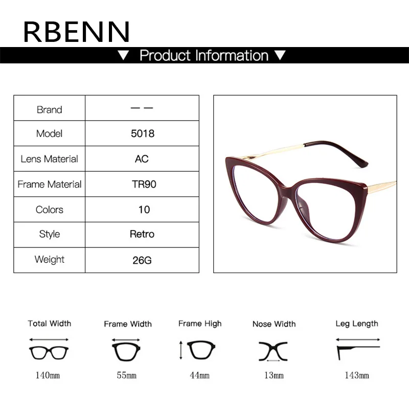 RBENN TR90 Anti Blue Light Blocking Cat Eye Glasses Frame Women Luxury Designer Retro Eyeglasses for Ladies Optical Frame UV400