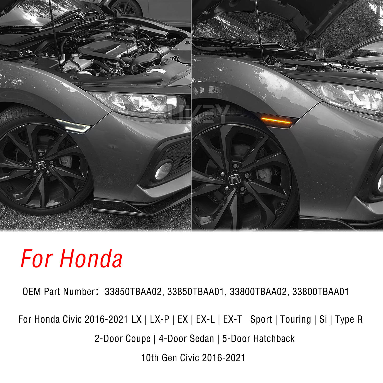 2pcs Flowing Amber Turn Signal Side Marker Light White DRL For Honda Civic 10th Gen Sedan Hatchback Repeater Indicator 2016-2021