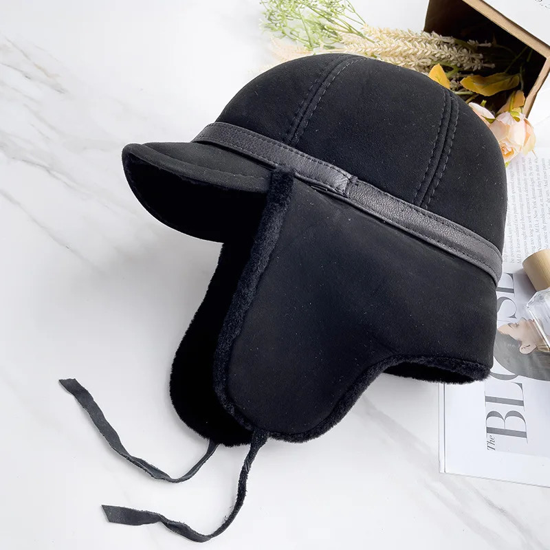 high-quality winter leather hat womens fur Lambswool warm thick ear flap bomber hat womens baseball hat Russian hat 241031
