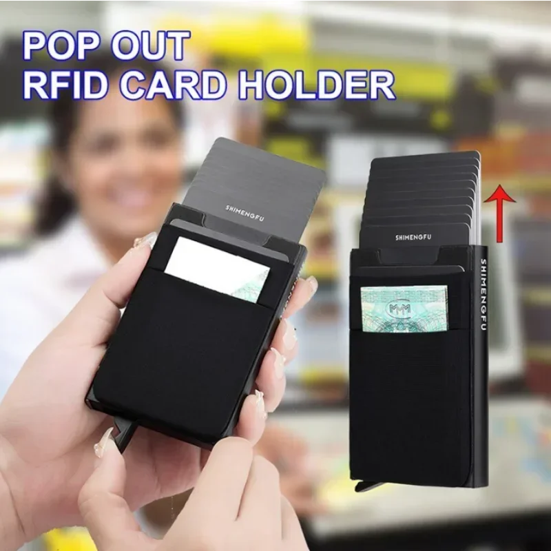 Slim with Aluminum Wallet Elasticity Back Pouch ID Credit Card Holder Mini RFID Wallet Automatic Pop Up Bank Card Case Men Purse smile