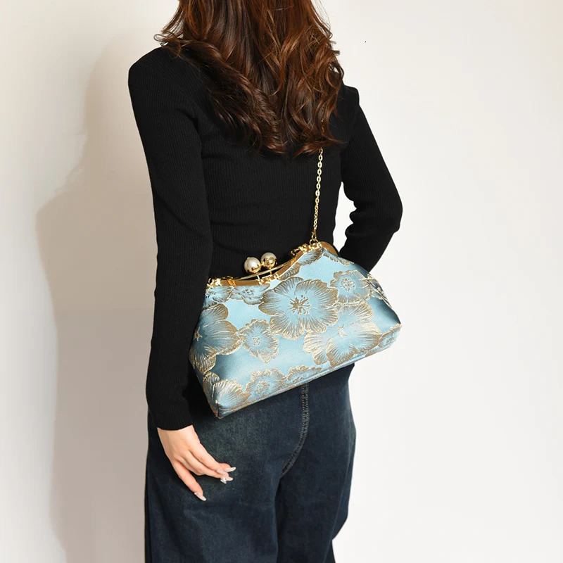 Vintage womens flower wallet and handbag evening clutch embroidery chain cross body bag wedding shell clip handbag 241031