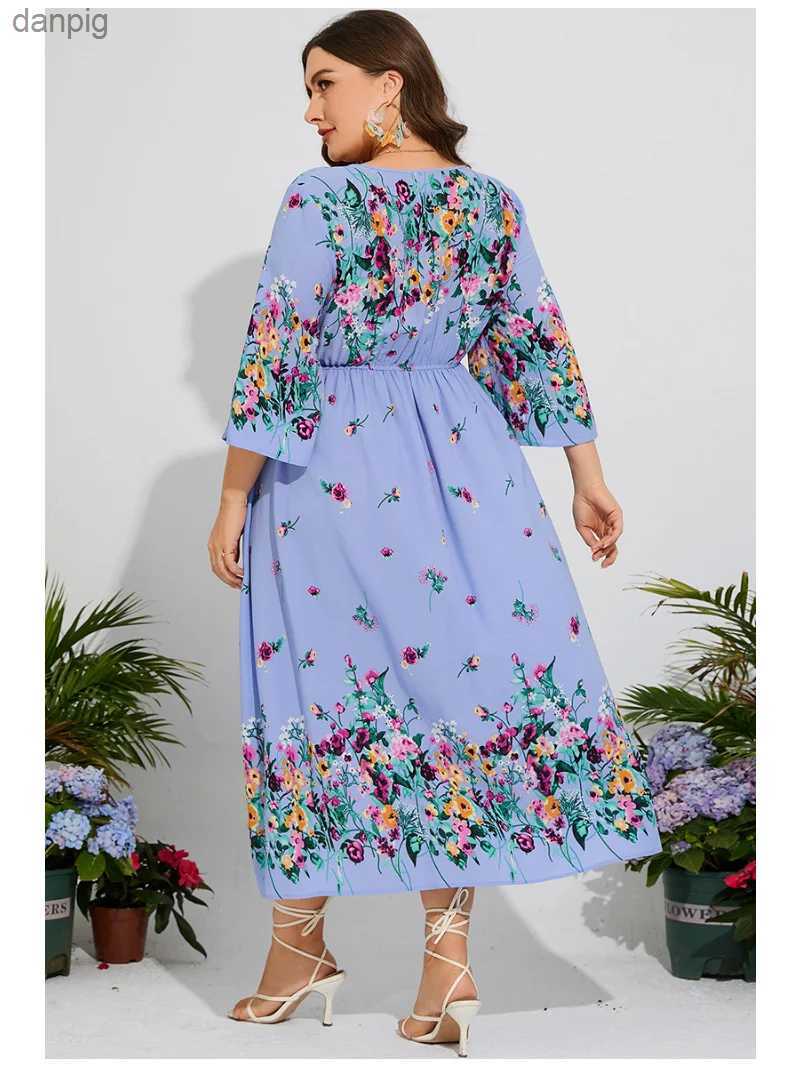 Urban Sexy Dresses Xxxl 4xl Plus Size Dress Womens 2023 Summer V-neck Flower Print High Waist Casual Dress Long Bohemian Beach Dress Y240402