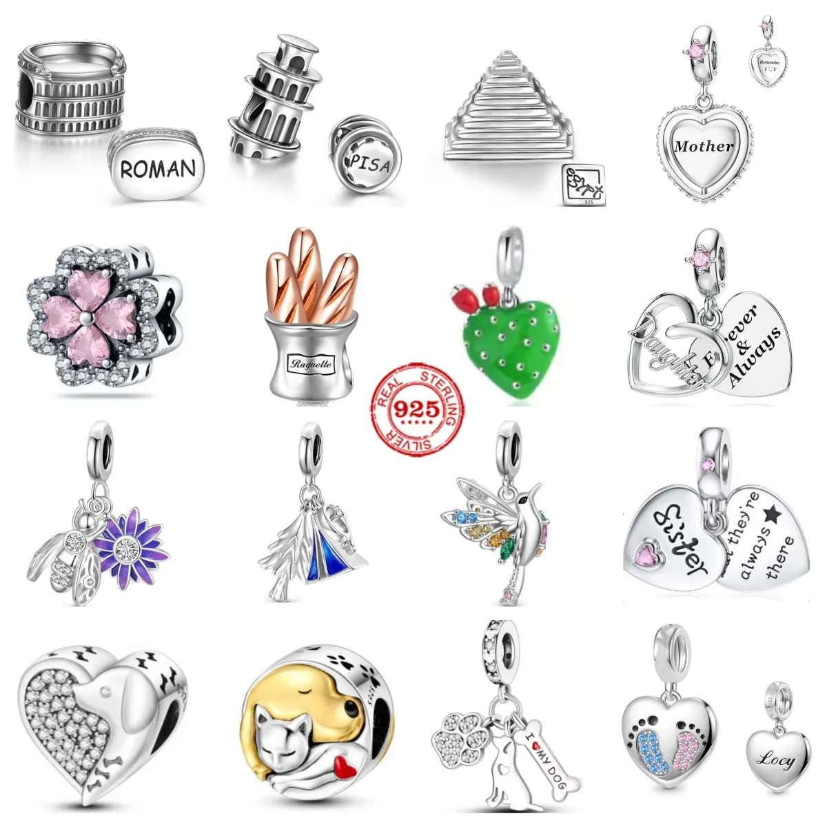 New925 Sterling Silver I Love Puppy Pink Heart Stone Four Leaf Grass Baguette DIY fine beads Charm Fit Original Bracelet
