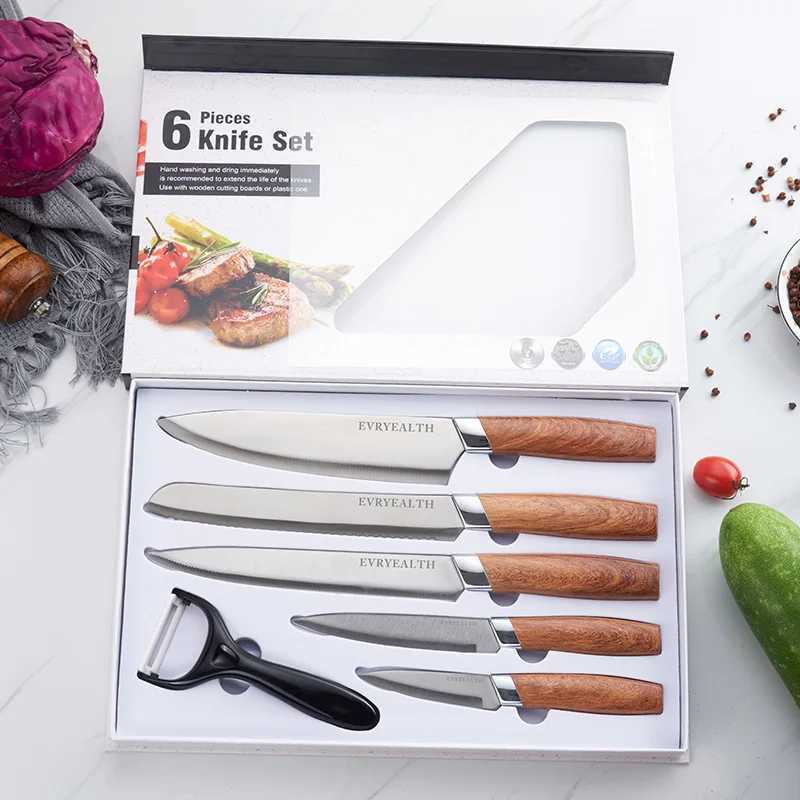 6-piece knife block set made of high carbon stainless steel with wooden pattern PP handle kitchen knife set X241102