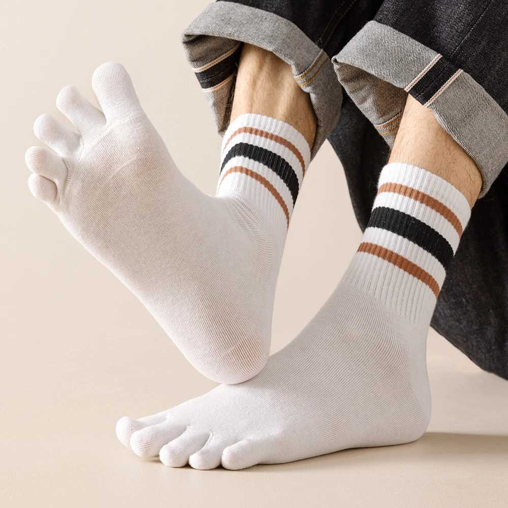 5 Pairs Men Five Toe with Separate Fingers Mid Tube Five Finger Striped Cotton Sports Summer High Quality LX241102