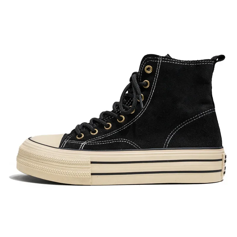 Men Casual Height Increasing Canvas Shoes Solid Color Vintage Harajuku Style Skateboard Shoes Round Toe Lace Up Walking Shoes