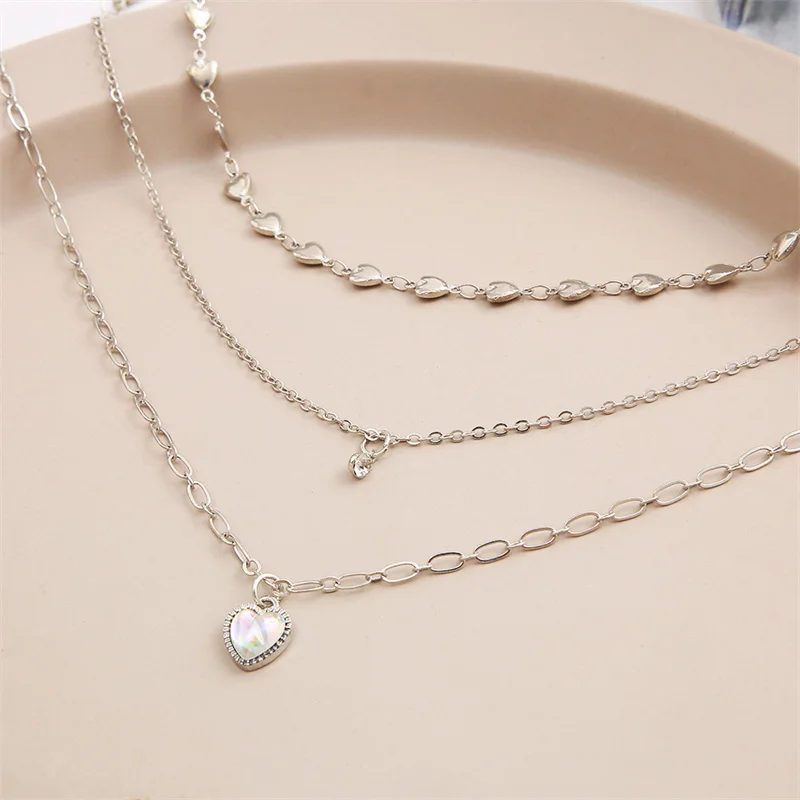 Heart Pendant Necklace Opal Metal 2025 Sier Color new Multi-layered for Women 2024 Trendy Cute Elegant Y2K Jewelry Party Gift