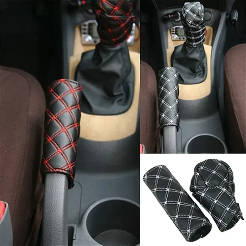 2 in 1 Set Faux Leather Gear Shift Knob Hand Brake Sleeve Car Interior Protect Cover Accessories New
