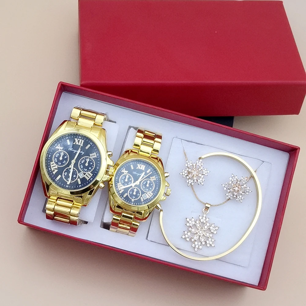 6Pcs Set Couple Watch Men Women Quartz Watch Luxury Three Eyes Steel Wristwatch Men's Bracelet Women's Earring Necklace With Box