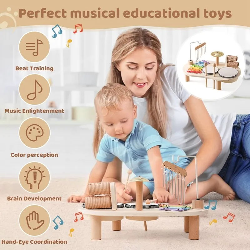 Kids Drum Set All in One Montessori Musical Instruments Set Toddler Toys Natural Wooden Music Kit Baby Sensory Toys Months Gifts