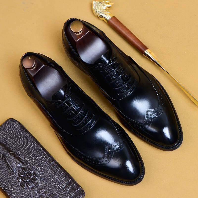 Formal Leather Shoes, Genuine Leather, British Carved Block, Men's Toe Layer, Cowhide, Business Dress, Pointed Oxford Shoes