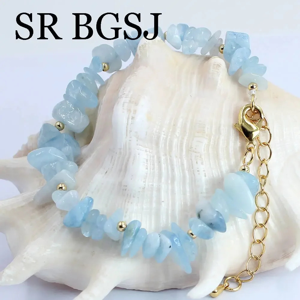 6-8mm Blue Aquamarine Natural Gemstone Womens Necklace Bracelet Jewelry Set 17.5 7-8 241031