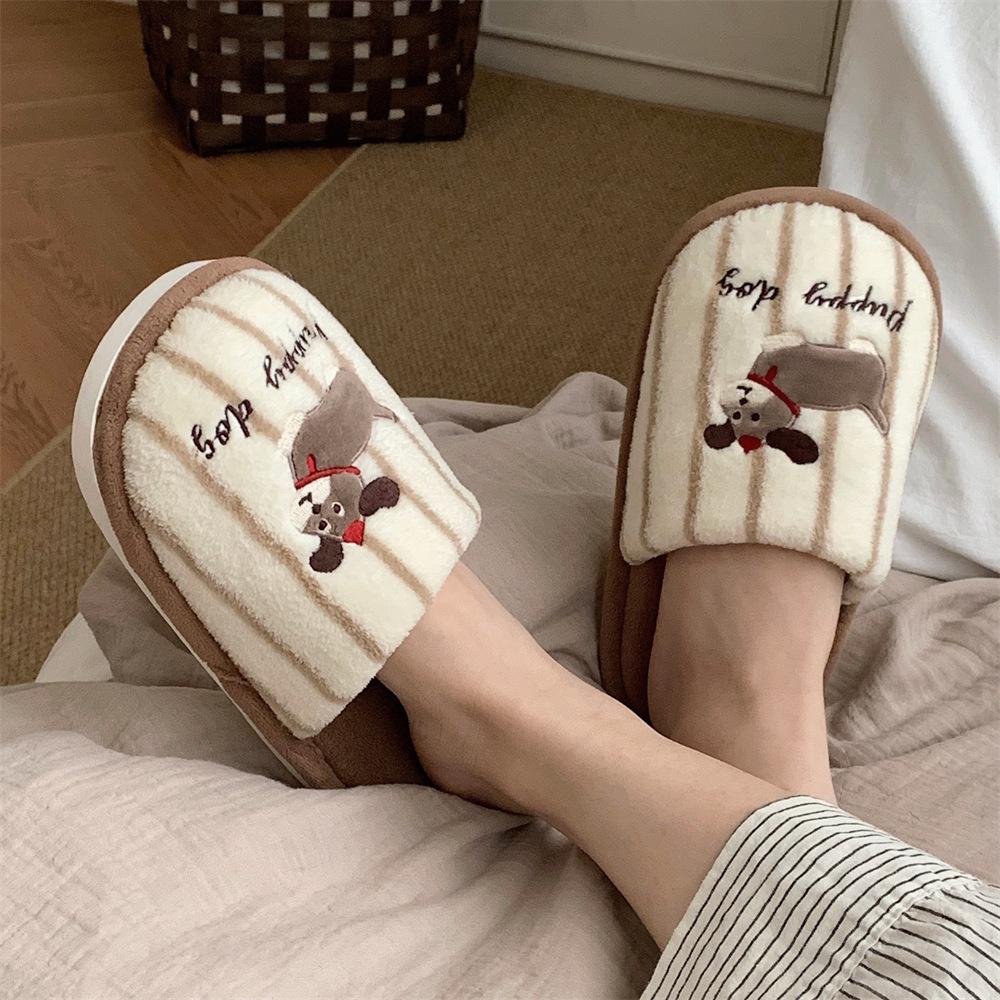 Casual Fluffy slippers for Ladies Home flats Cute little doggie Day contrasting color Stripes for girls Fashion Winter Slippers for houses Warm shoes