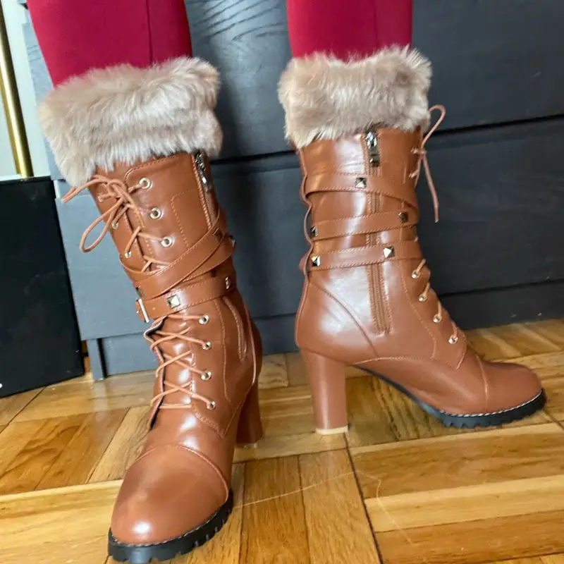 REAVE CAT Women Mid Calf Boots Thick High Heels Round Platform Buckle Zipper Rivets Lace Up Leather Botas Winter Fur 43 QA3646