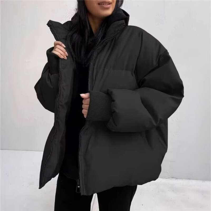 Autumn and winter women's designer solid color thick warm loose hooded zipper quilted jacket cotton coat, outdoor windbreaker jacket, jacket, whi
