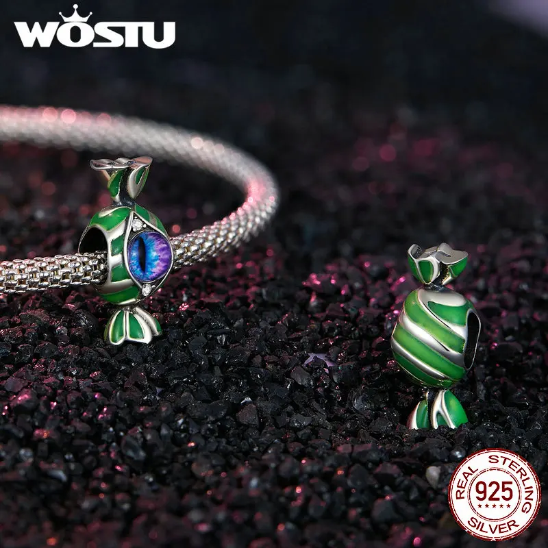 WOSTU 925 Sterling Silver Halloween Gift Skull Heart Pendant luminous Witch Charms Evil Eye Candy Beads Fit Bracelet DIY Neckace