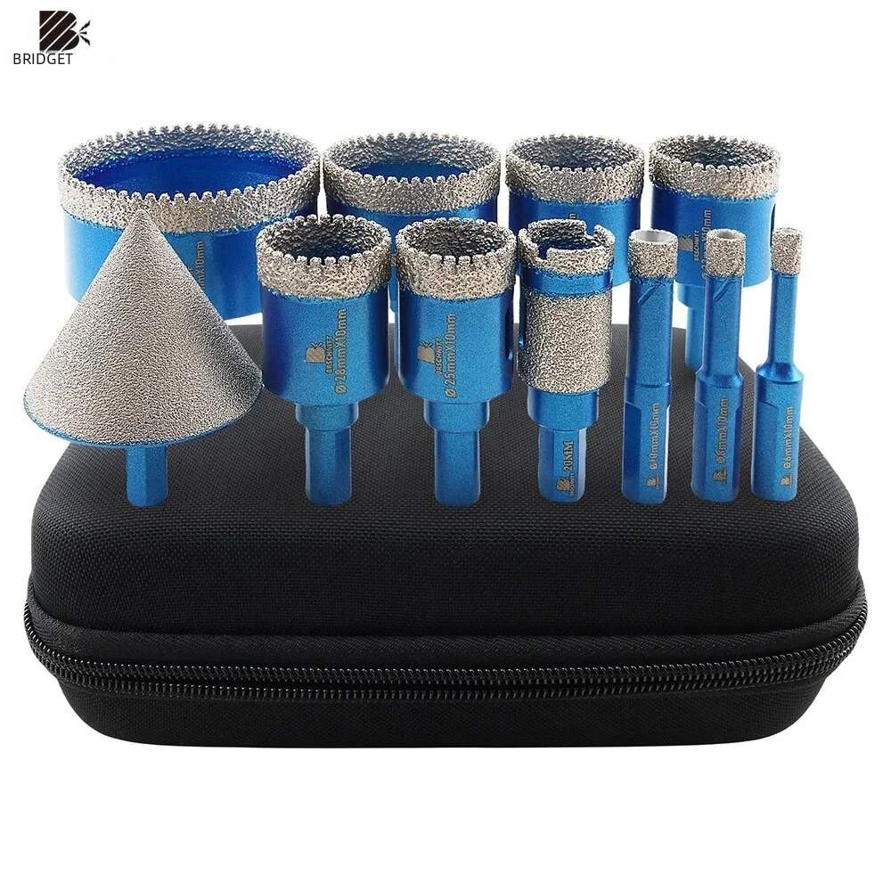 BRSCHNITT Diamond Drilling Bits Kit Tile Cutter for Drilling Ceramic Marble Granite, Triangle Shank 11Pcs Hole Saw