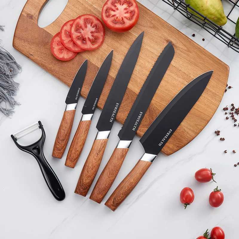 6-piece knife block set made of high carbon stainless steel with wooden pattern PP handle kitchen knife set X241102