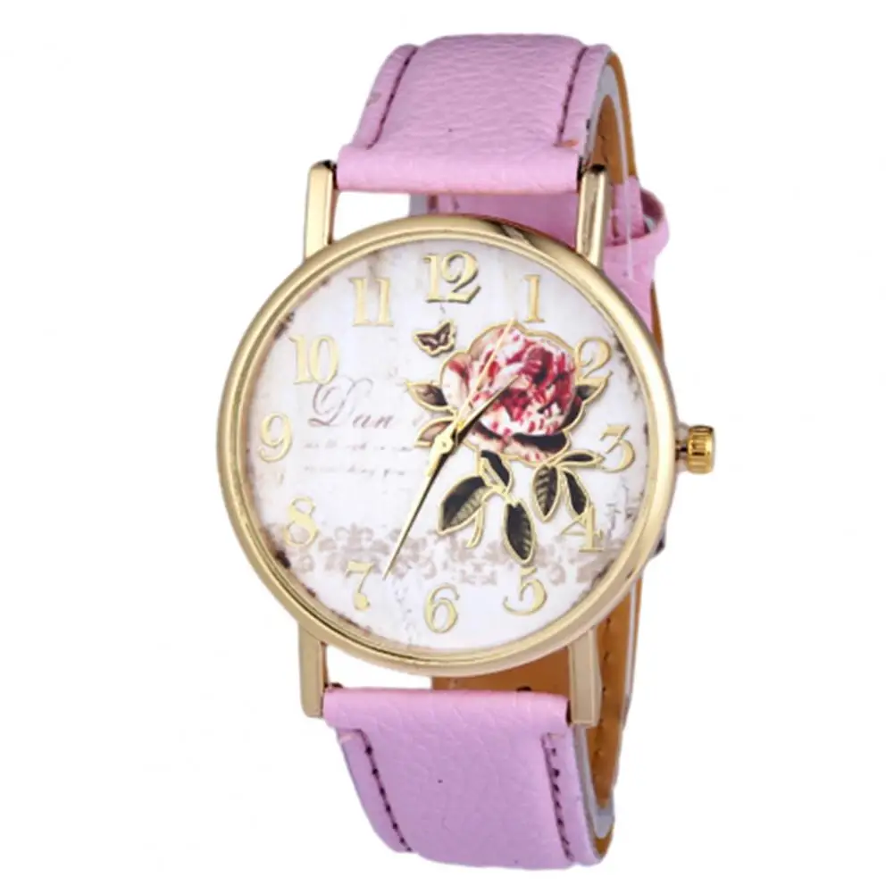 Luxury Brand Woman Watch Stylish Women Rose Pattern Watch Classic Round Dial Faux Leather Strap Quartz Movement Wrist Watch